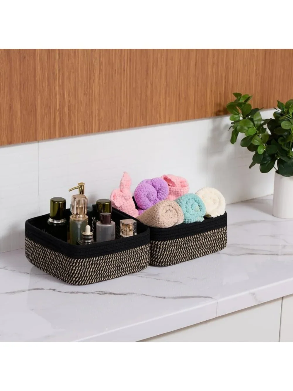 Set of 2 Boho Rope Woven Storage Baskets - Small Square Organizing Bins for